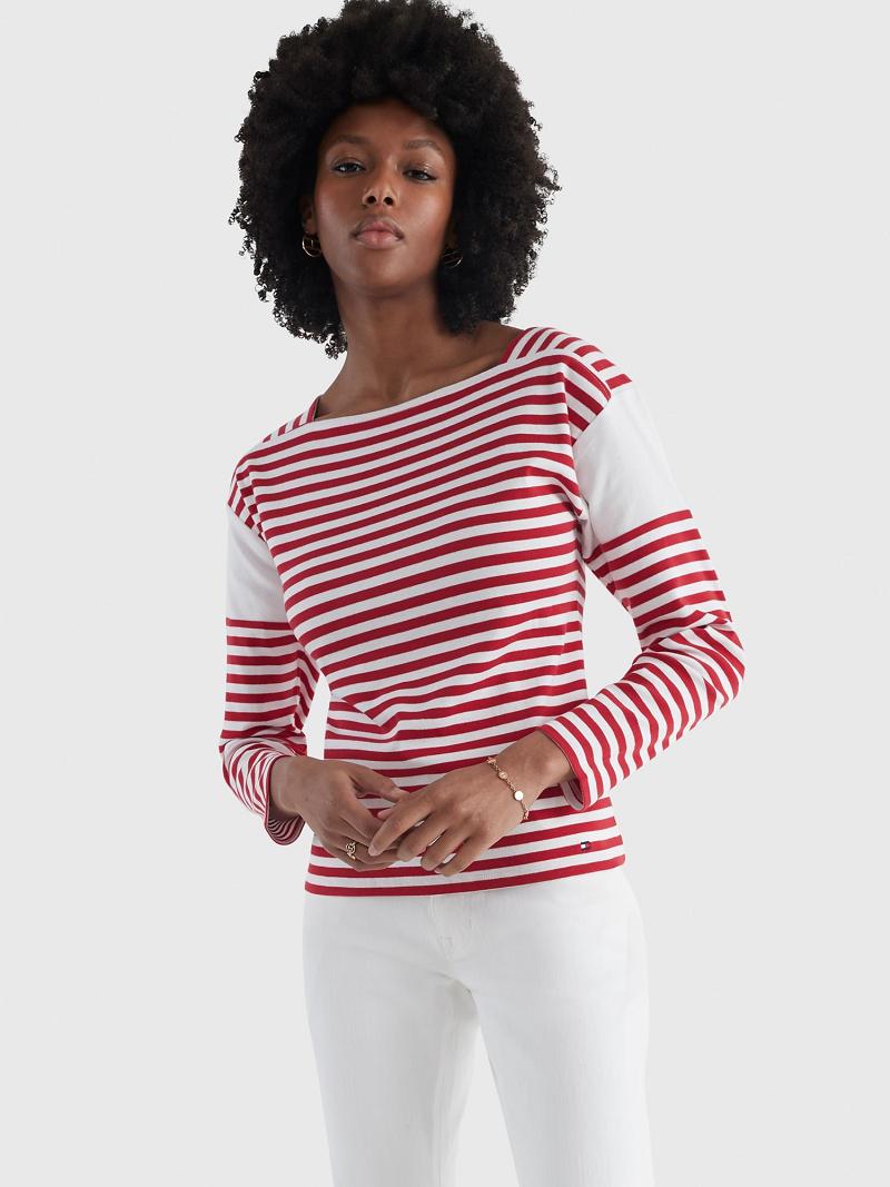 Női Tommy Hilfiger Stripe Square-Neck Felsők Piros | HU 509BEX